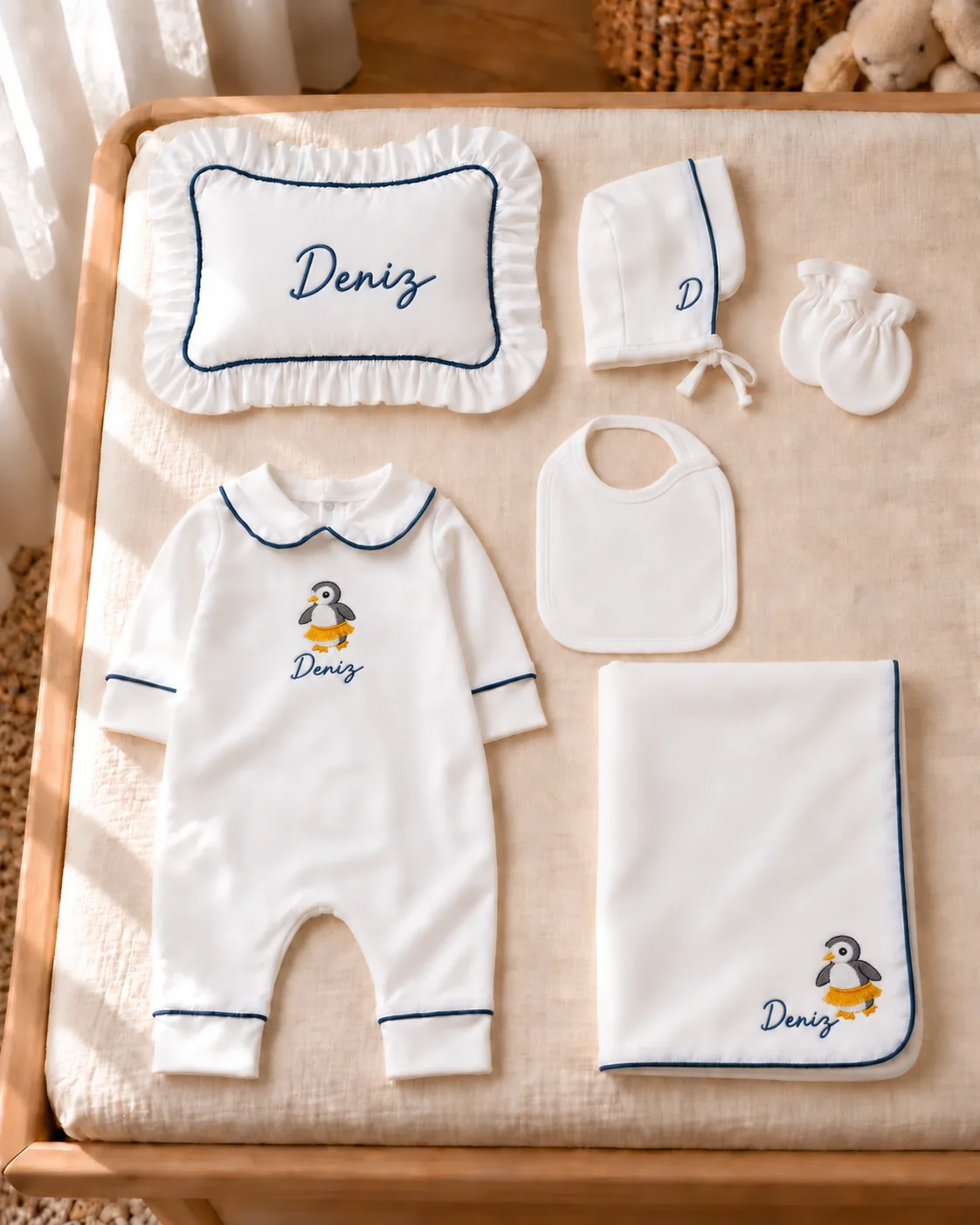 Penguen motifi ve Deniz ismi nakışlı lacivert biyeli 6'lı set: tulum, yastık kılıfı ve battaniye