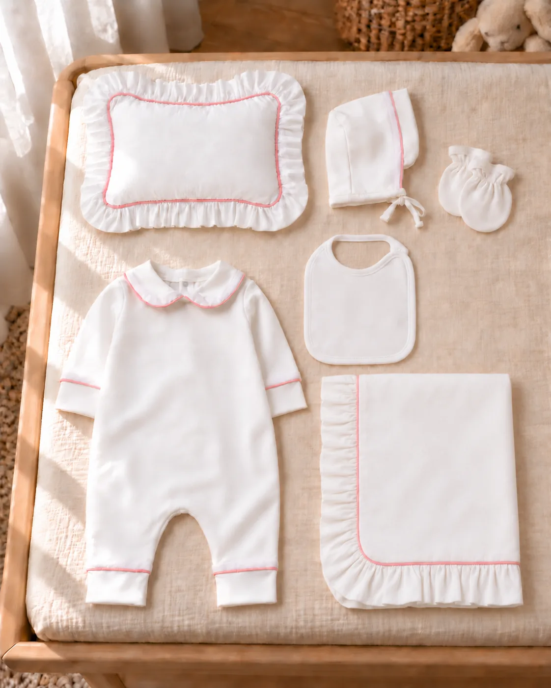 Pembe biyeli tulum, bonnet şapka, eldiven, battaniye, fırfırlı yastık kılıfı ve önlük