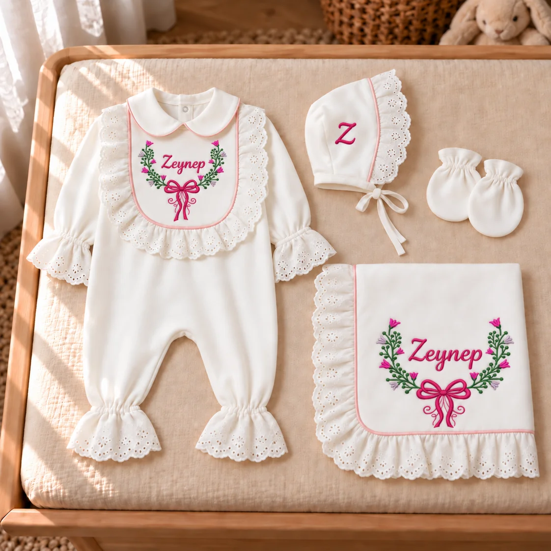 Fiyonklu yarım çelenk içinde Zeynep ismi nakışlı fistolu simli biyeli 4'lü set: tulum, bone (baş harf) ve battaniye
