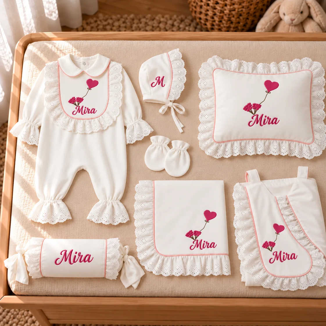 Kalp balonlar motifi ve Mira ismi nakışlı fistolu simli biyeli 7 parça set: tulum, bone (baş harf), battaniye, yastık kılıfı, şeker yastık ve puset örtüsü